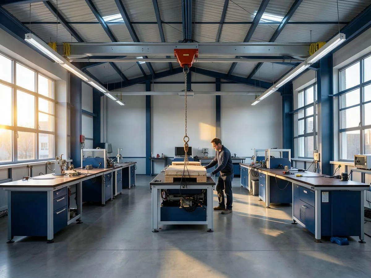 Takupphängt lättlastsystem över monteringsstationer i produktionslokal